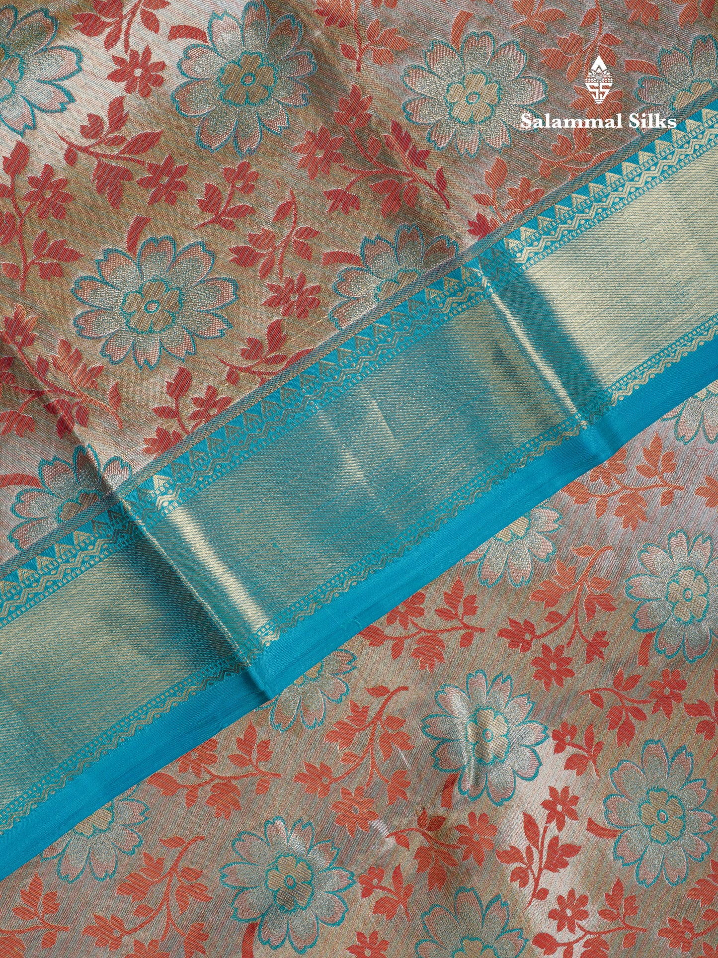 Cream Tissue Bridal Pure Kanjivaram Silk Saree With Sapphire Green Border