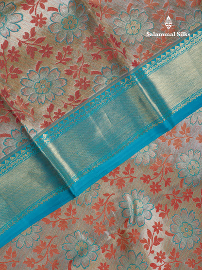 Cream Tissue Bridal Pure Kanjivaram Silk Saree With Sapphire Green Border