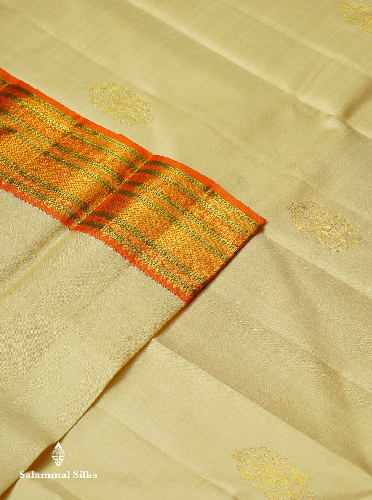 Korvai Beautiful Cream Sandal Pure Kanjivaram Silk Saree With Contrast Orange Traditional Border