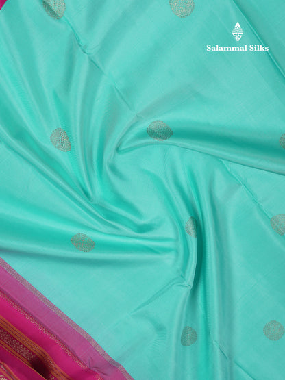 Beautiful Sapphire Blue Pure Kanjivaram Silk Saree With Contrast Pink Traditional Border