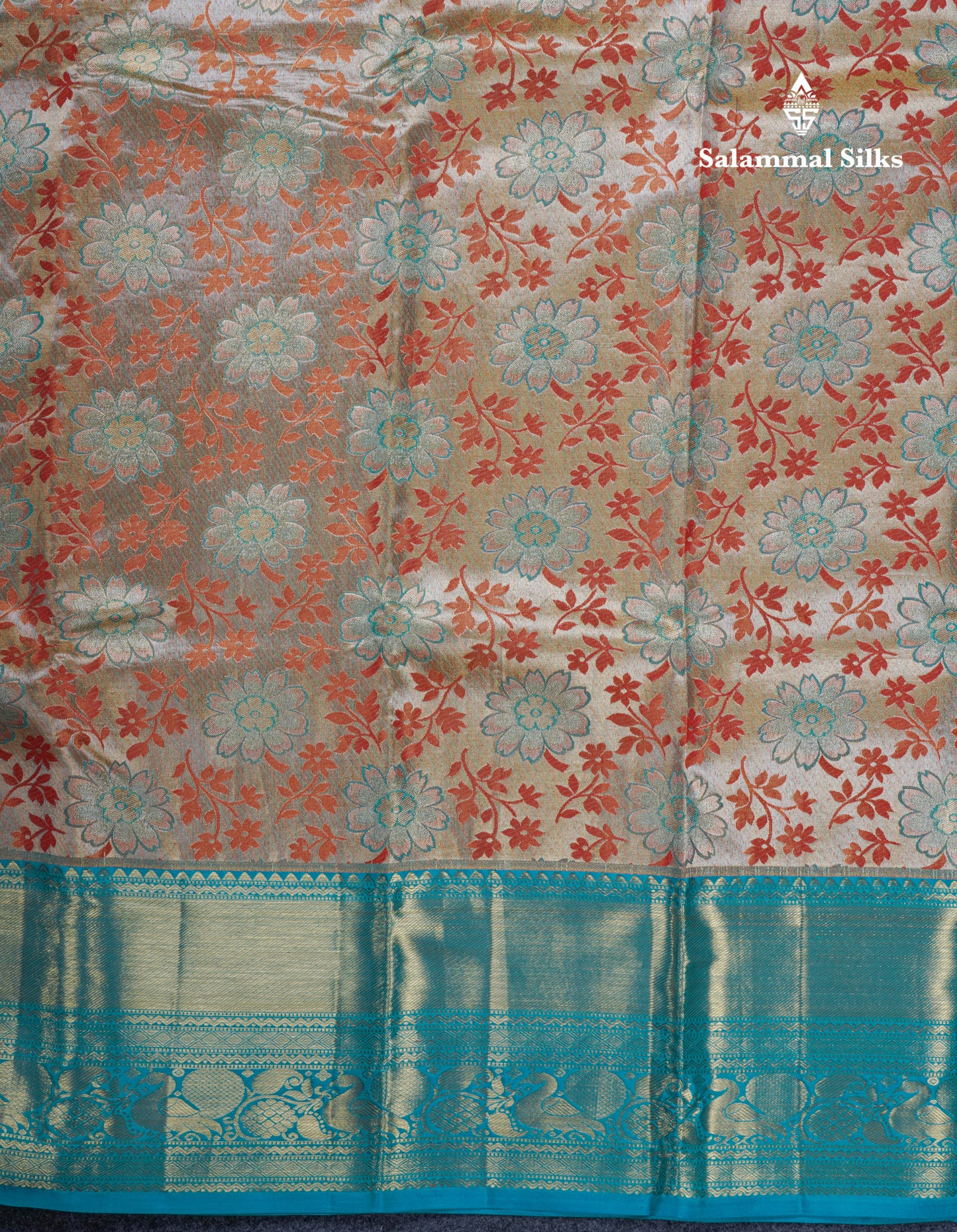 Cream Tissue Bridal Pure Kanjivaram Silk Saree With Sapphire Green Border