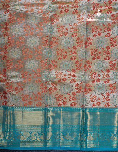 Cream Tissue Bridal Pure Kanjivaram Silk Saree With Sapphire Green Border