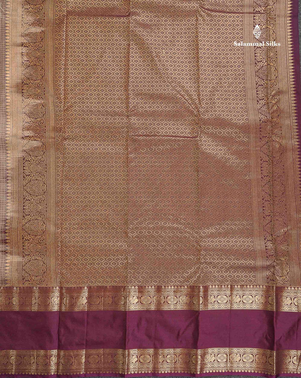 Semi Silk Saree - Light Chocolate Brown Colour Body Small Checks With Butta & Deep Wine Traditional Gap Border