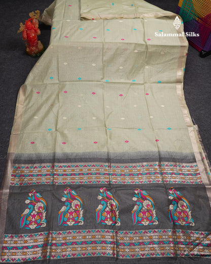 Beautiful Light Green Thread Work Butta Muga Cotton Saree With Contrast Grey Blouse