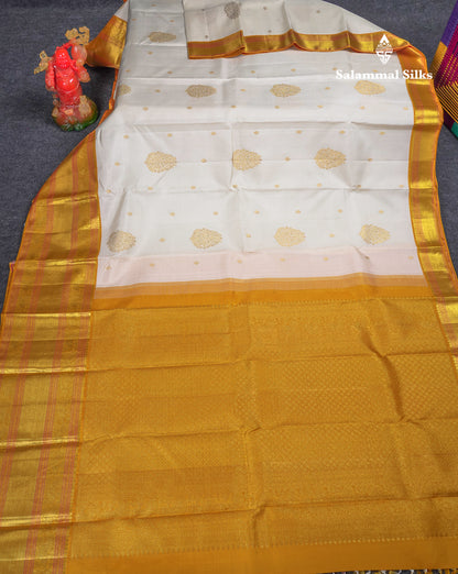 Korvai Beautiful White Pure Kanjivaram Silk Saree with Contrast Mustard Yellow Traditional Evening Morning Border