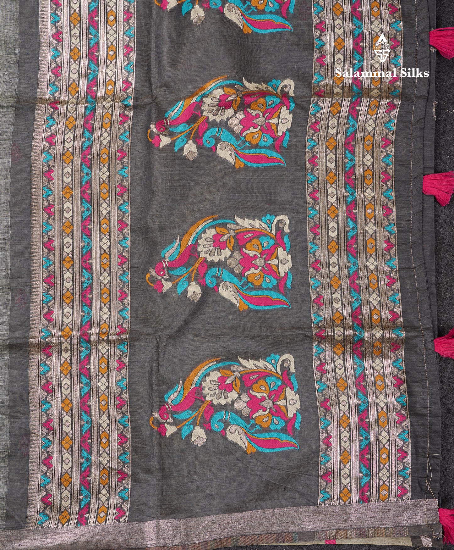 Beautiful Light Green Thread Work Butta Muga Cotton Saree With Contrast Grey Blouse