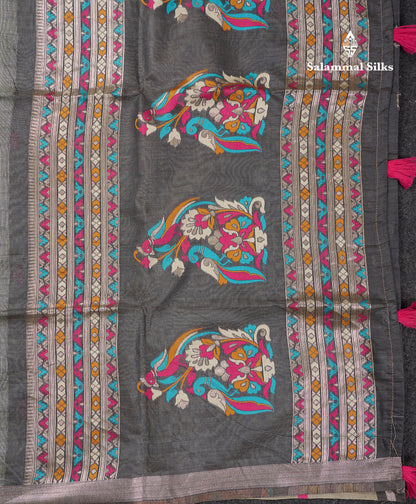 Beautiful Light Green Thread Work Butta Muga Cotton Saree With Contrast Grey Blouse