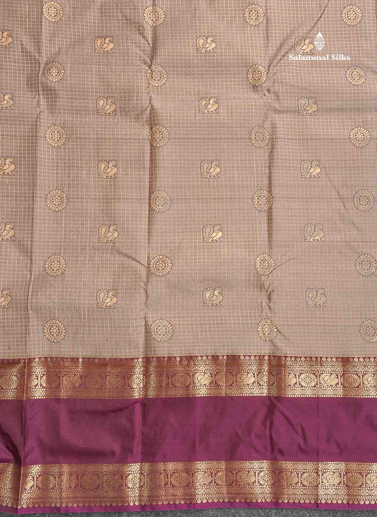Semi Silk Saree - Light Chocolate Brown Colour Body Small Checks With Butta & Deep Wine Traditional Gap Border