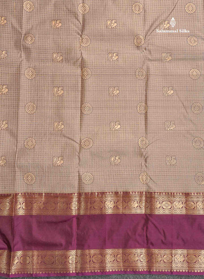 Semi Silk Saree - Light Chocolate Brown Colour Body Small Checks With Butta & Deep Wine Traditional Gap Border