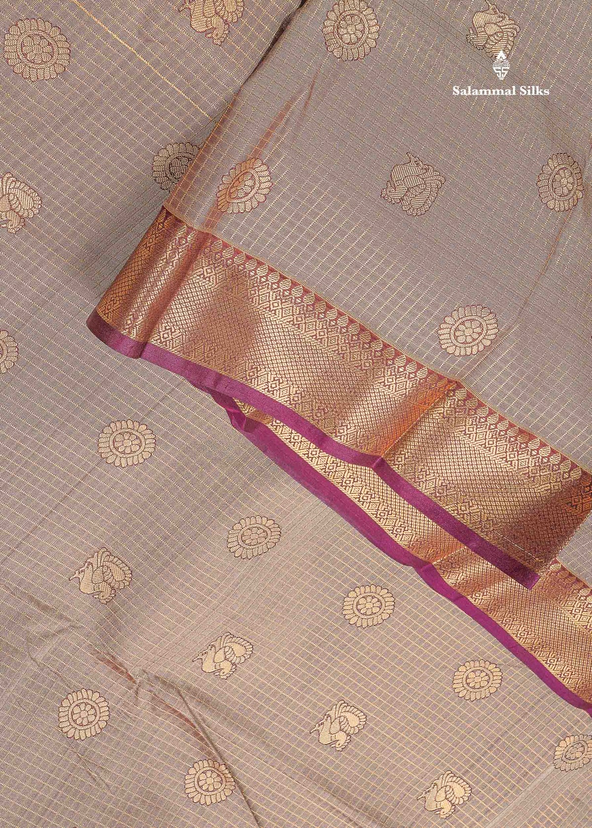 Semi Silk Saree - Light Chocolate Brown Colour Body Small Checks With Butta & Deep Wine Traditional Gap Border