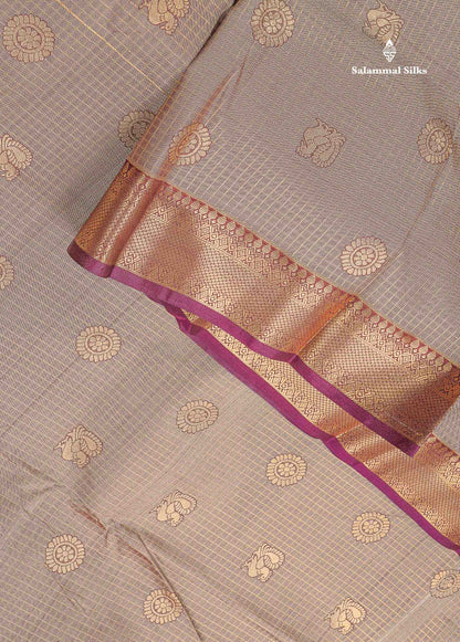 Semi Silk Saree - Light Chocolate Brown Colour Body Small Checks With Butta & Deep Wine Traditional Gap Border