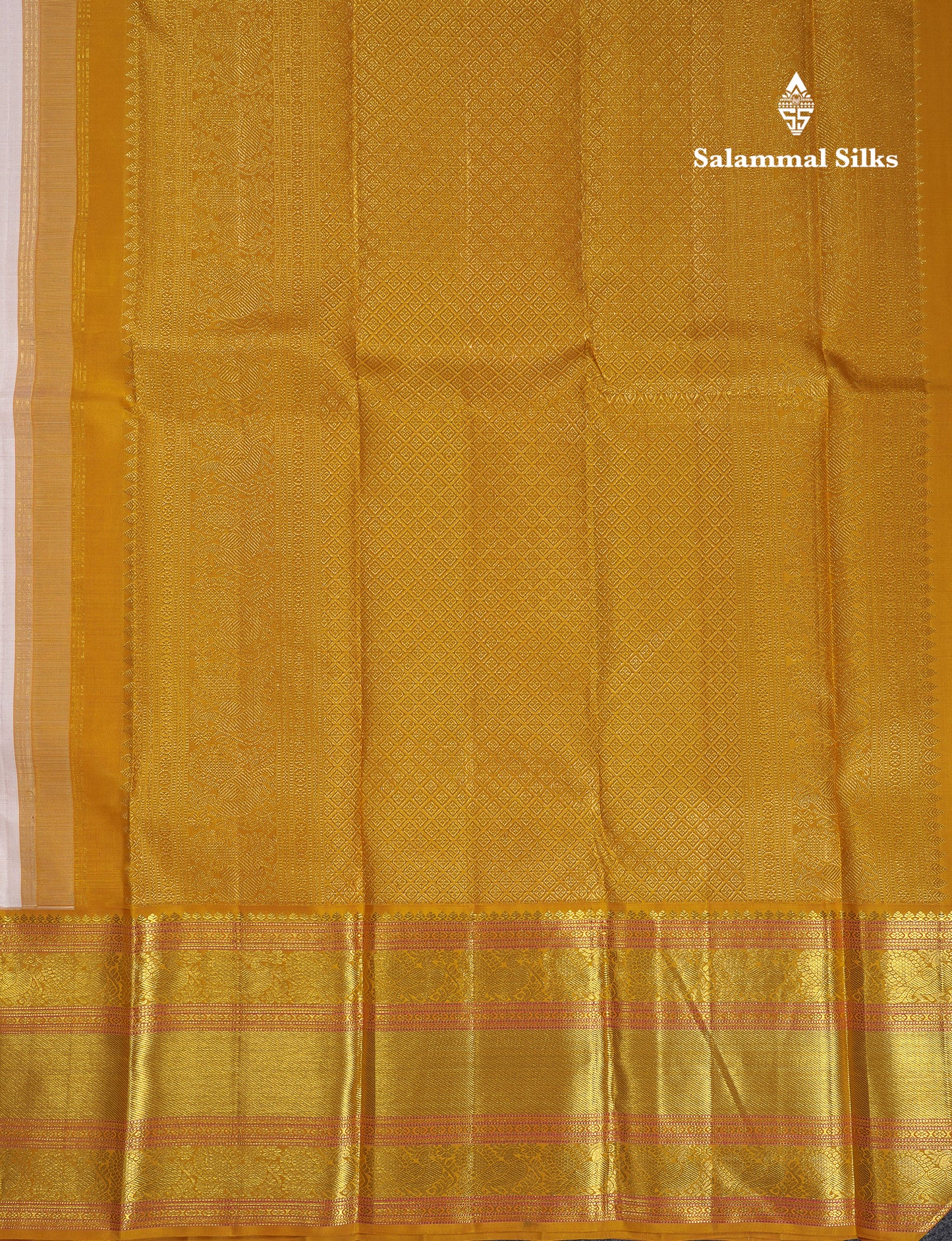 Korvai Beautiful White Pure Kanjivaram Silk Saree with Contrast Mustard Yellow Traditional Evening Morning Border