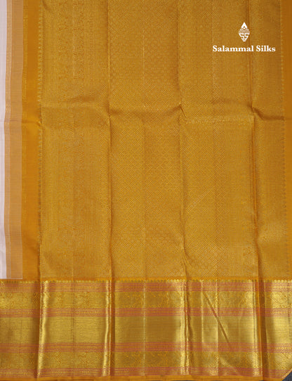 Korvai Beautiful White Pure Kanjivaram Silk Saree with Contrast Mustard Yellow Traditional Evening Morning Border