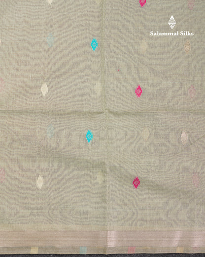 Beautiful Light Green Thread Work Butta Muga Cotton Saree With Contrast Grey Blouse