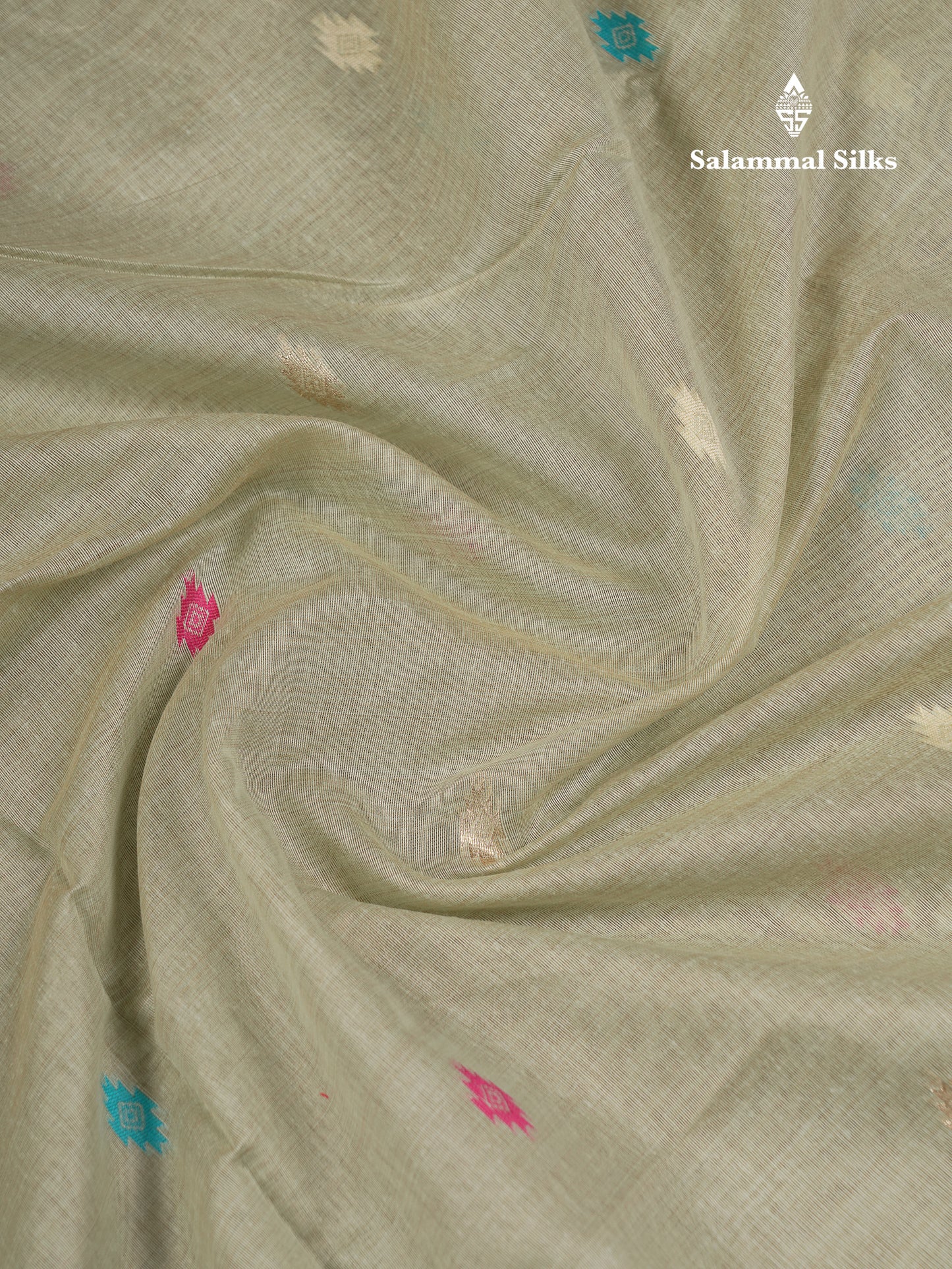 Beautiful Light Green Thread Work Butta Muga Cotton Saree With Contrast Grey Blouse