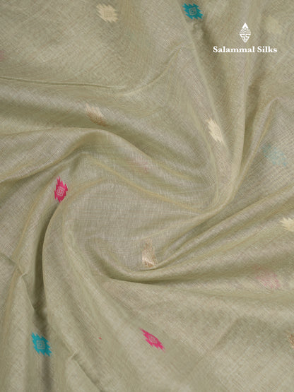 Beautiful Light Green Thread Work Butta Muga Cotton Saree With Contrast Grey Blouse