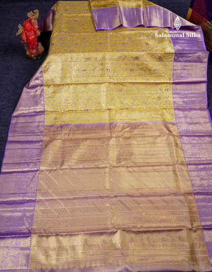 Beautiful Gold Tissue Bridal Pure Kanjivaram Silk Saree With Contrast Lavender Traditional Border