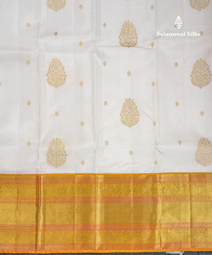 Korvai Beautiful White Pure Kanjivaram Silk Saree with Contrast Mustard Yellow Traditional Evening Morning Border
