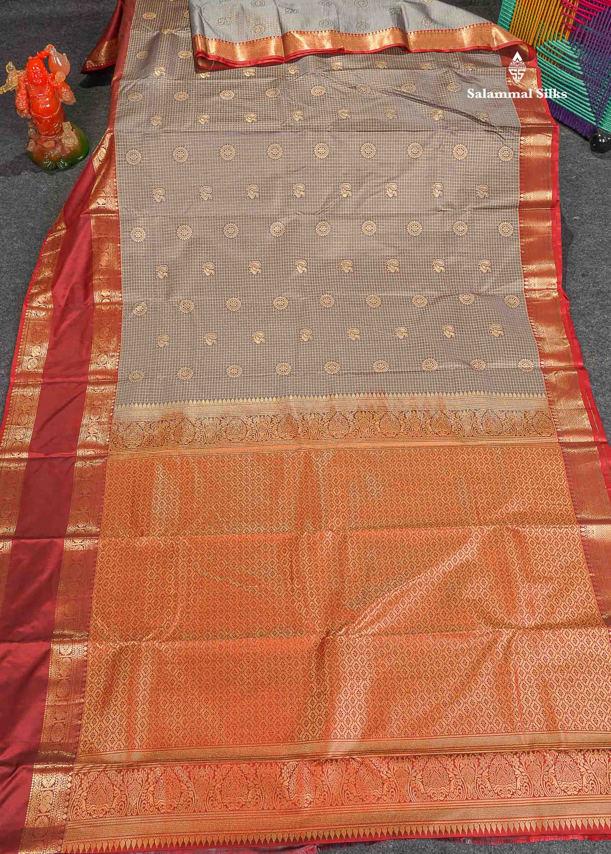 Semi Silk Saree - Grey Colour Body Small Checks With Butta & Maroon Traditional Gap Border