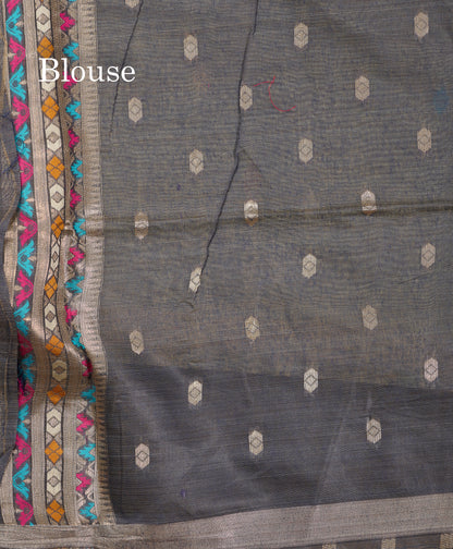 Beautiful Light Green Thread Work Butta Muga Cotton Saree With Contrast Grey Blouse
