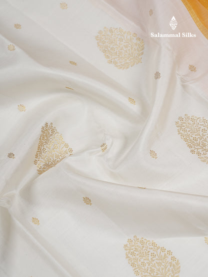 Korvai Beautiful White Pure Kanjivaram Silk Saree with Contrast Mustard Yellow Traditional Evening Morning Border