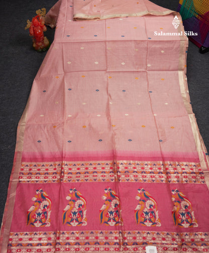 Beautiful Light Green Thread Work Butta Muga Cotton Saree With Contrast Grey Blouse