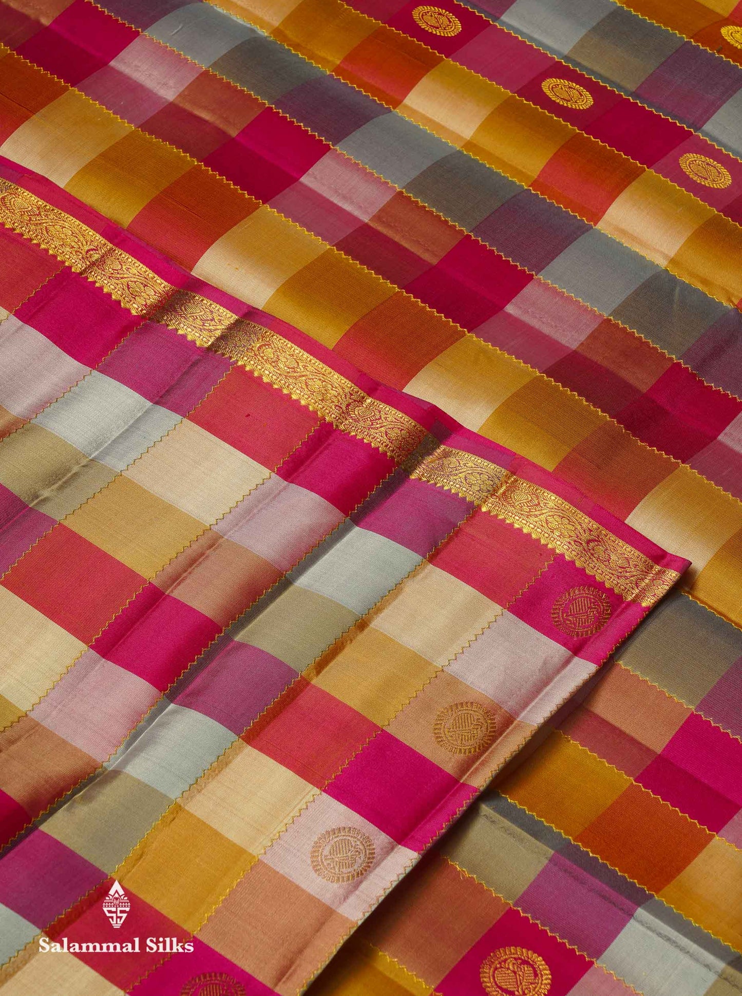 Beautiful Paalum Pazham Checks Pure Kanjivaram Silk Saree With Traditional Small Border