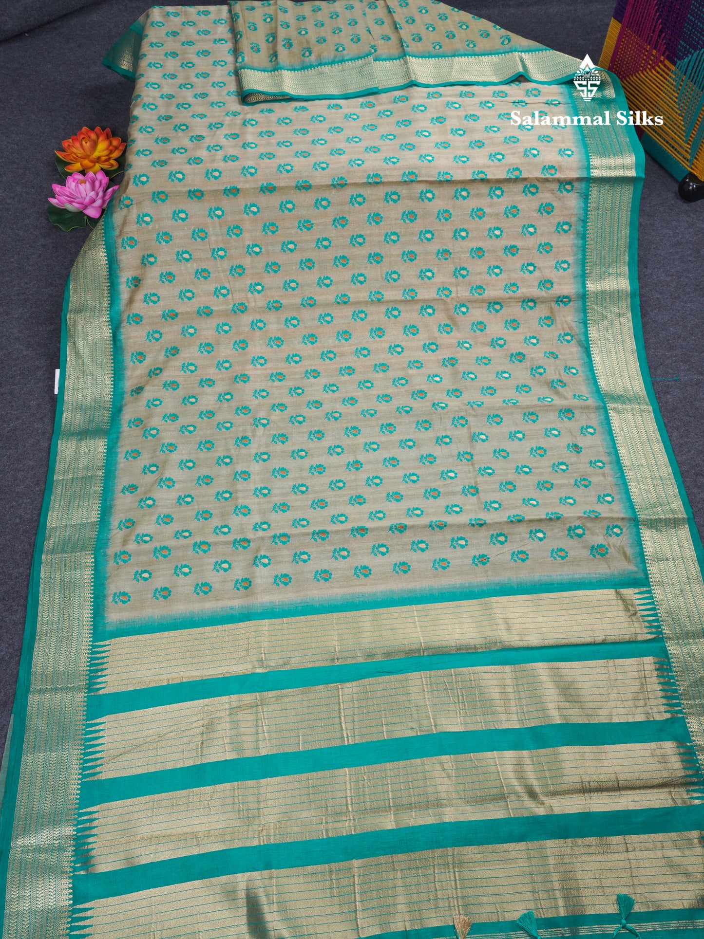 Light Sandal Semi Tussar Saree With Contrast Parrot Green Border