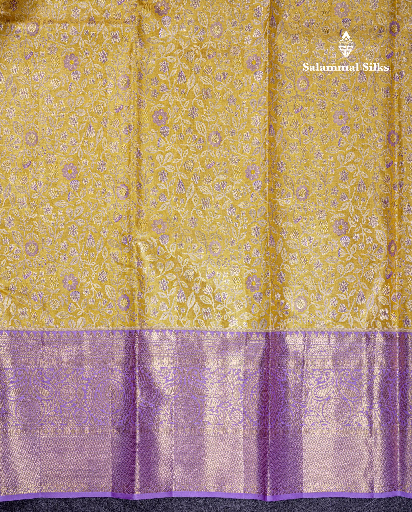 Beautiful Gold Tissue Bridal Pure Kanjivaram Silk Saree With Contrast Lavender Traditional Border