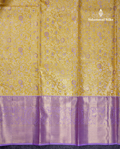 Beautiful Gold Tissue Bridal Pure Kanjivaram Silk Saree With Contrast Lavender Traditional Border
