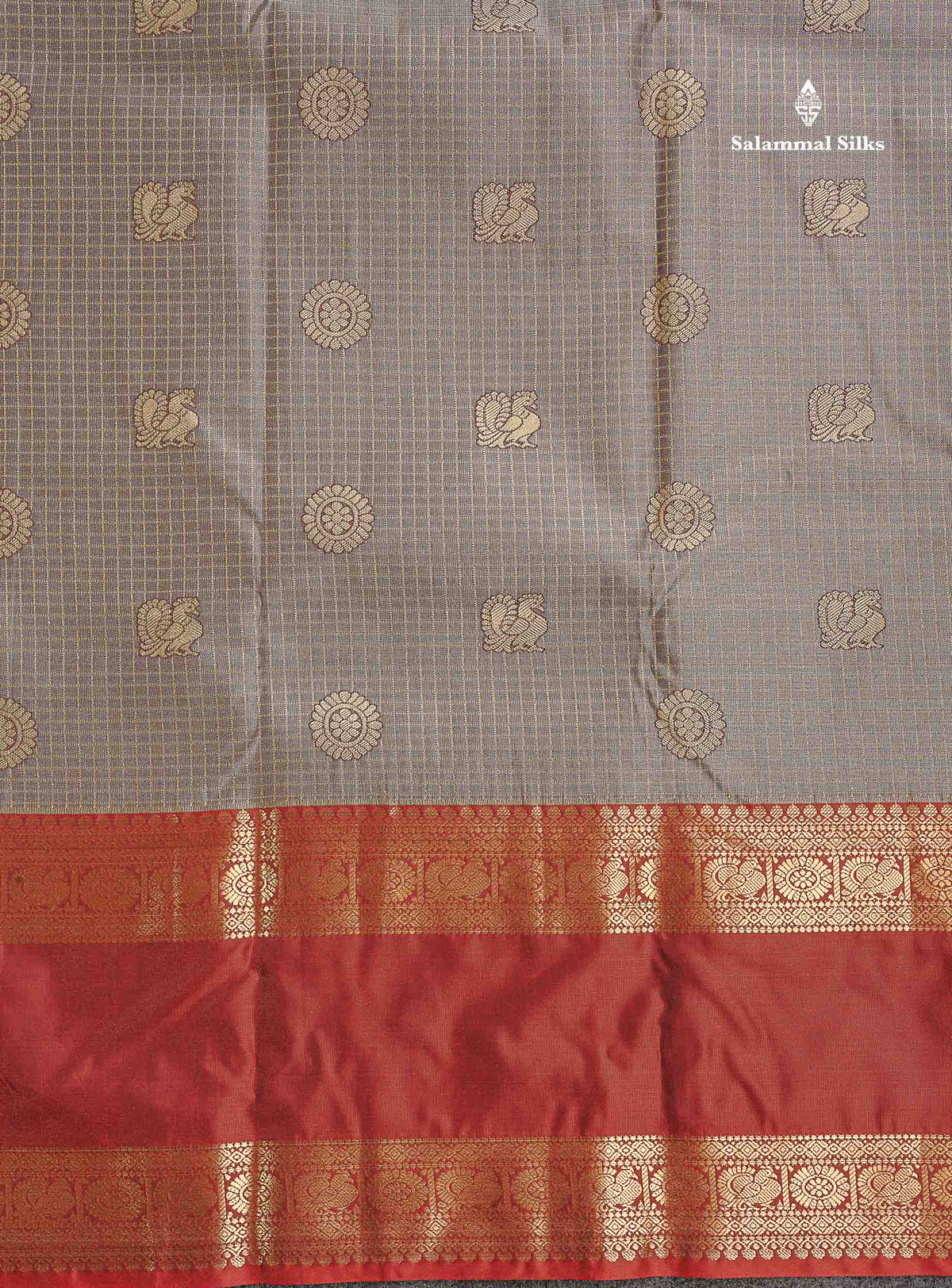 Semi Silk Saree - Light Chocolate Brown Colour Body Small Checks With Butta & Deep Wine Traditional Gap Border