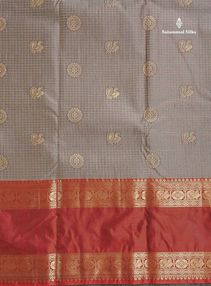 Semi Silk Saree - Light Chocolate Brown Colour Body Small Checks With Butta & Deep Wine Traditional Gap Border