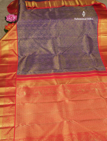 Korvai Violet Pure Kanjivaram Silk Saree (2G) Zari With Contrast Red Border