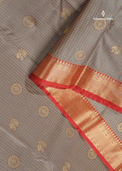 Semi Silk Saree - Light Chocolate Brown Colour Body Small Checks With Butta & Deep Wine Traditional Gap Border