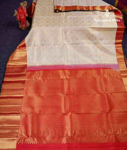 Beautiful Half White Bridal 2G Pure Kanjivaram Silk Saree With Contrast Red Traditional Evening Morning Border