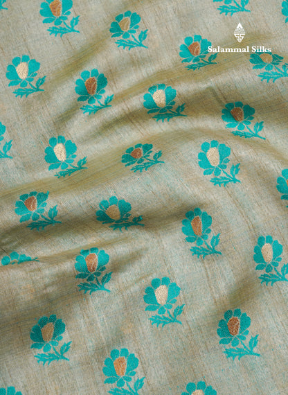 Light Sandal Semi Tussar Saree With Contrast Parrot Green Border