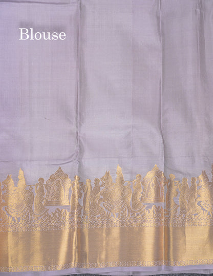 Beautiful Light Grey Plain Pure Kanjivaram Silk Saree With Traditional Pallaku Border