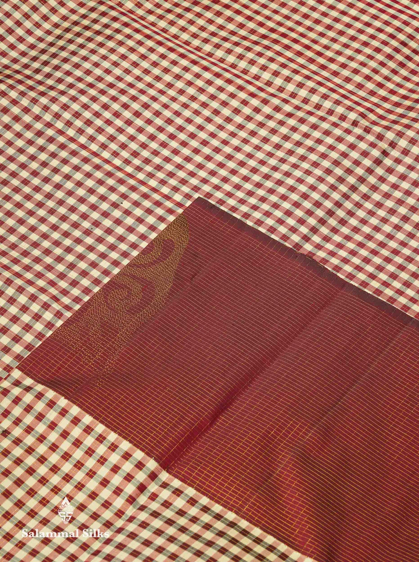 Beautiful Multicolour Small Vaira Oosi Checks Pure Kanjivaram Silk Saree With Contrast Dark Maroon One Side Long Border