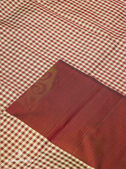 Beautiful Multicolour Small Vaira Oosi Checks Pure Kanjivaram Silk Saree With Contrast Dark Maroon One Side Long Border