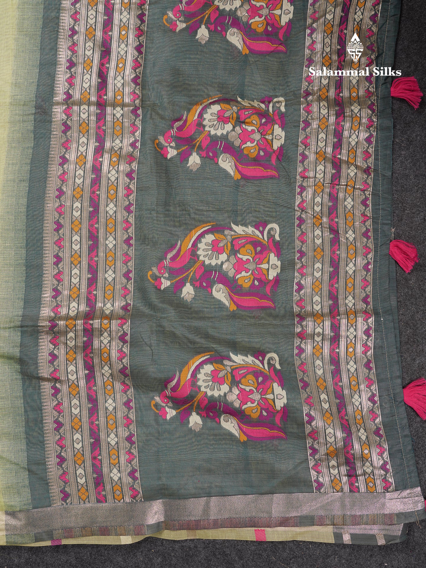 Beautiful Light Green Thread Work Butta Muga Cotton Saree With Contrast Grey Blouse