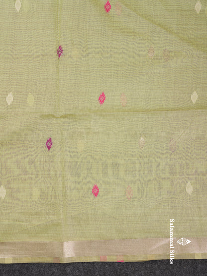 Beautiful Light Green Thread Work Butta Muga Cotton Saree With Contrast Grey Blouse