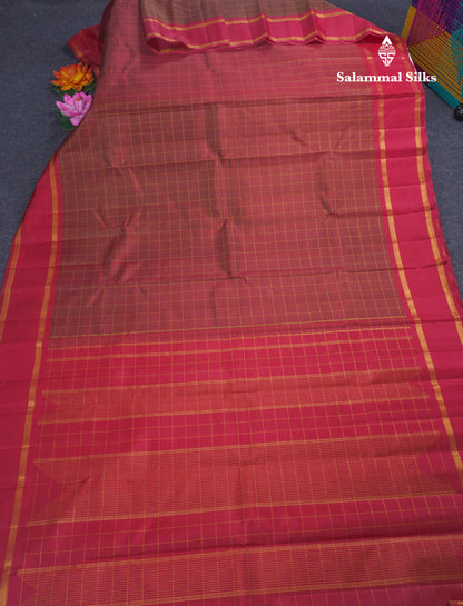 Dual Tone Maroon Checks Pure Kanjivaram Silk Saree With Contrast Pink Gap Border