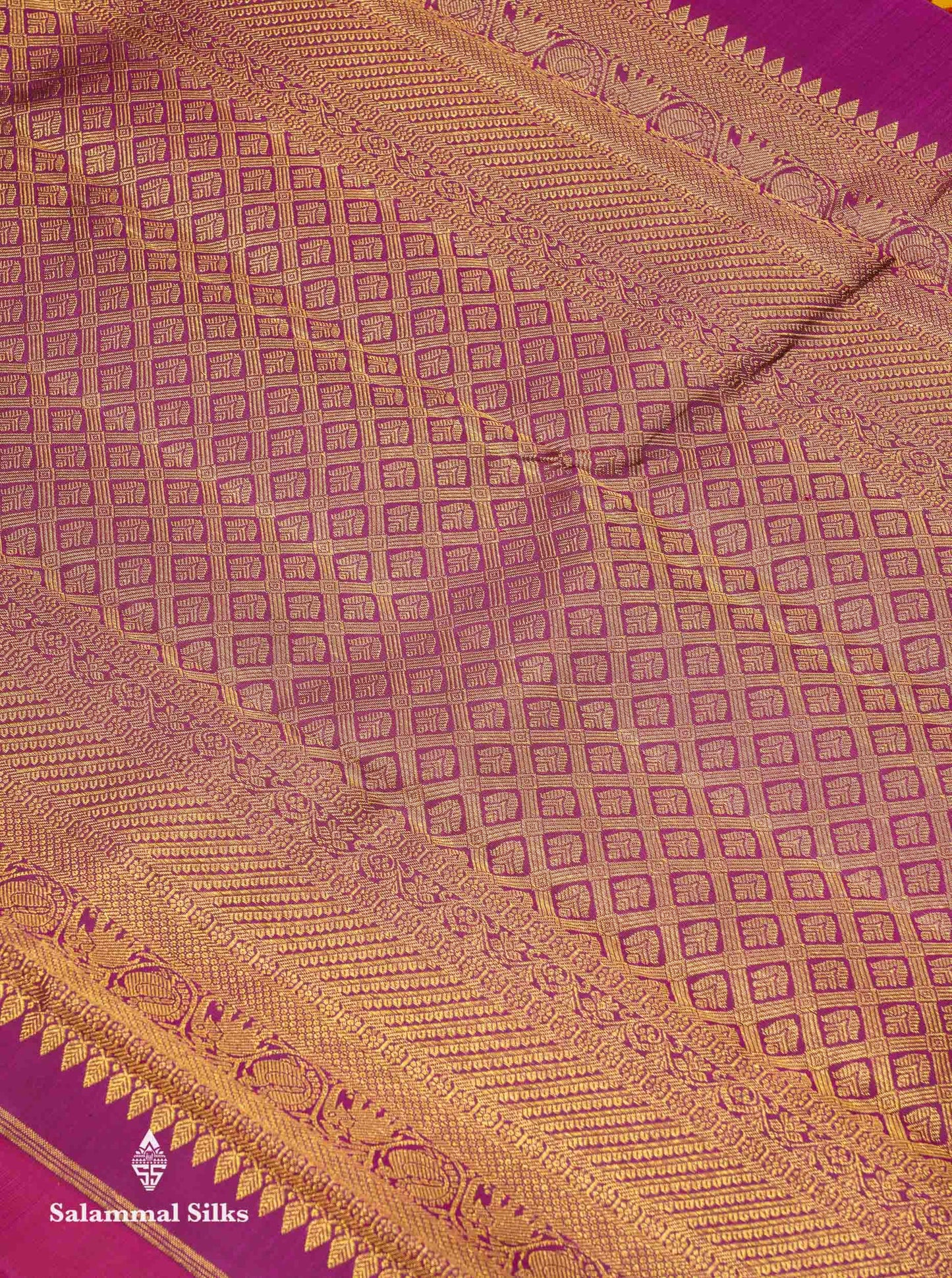 Korvai Beautiful Mango Yellow Pure Kanjivaram Silk Saree With Contrast Dark Purple Traditional Border