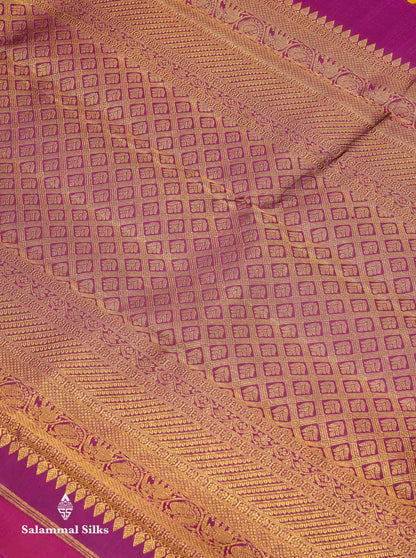 Korvai Beautiful Mango Yellow Pure Kanjivaram Silk Saree With Contrast Dark Purple Traditional Border