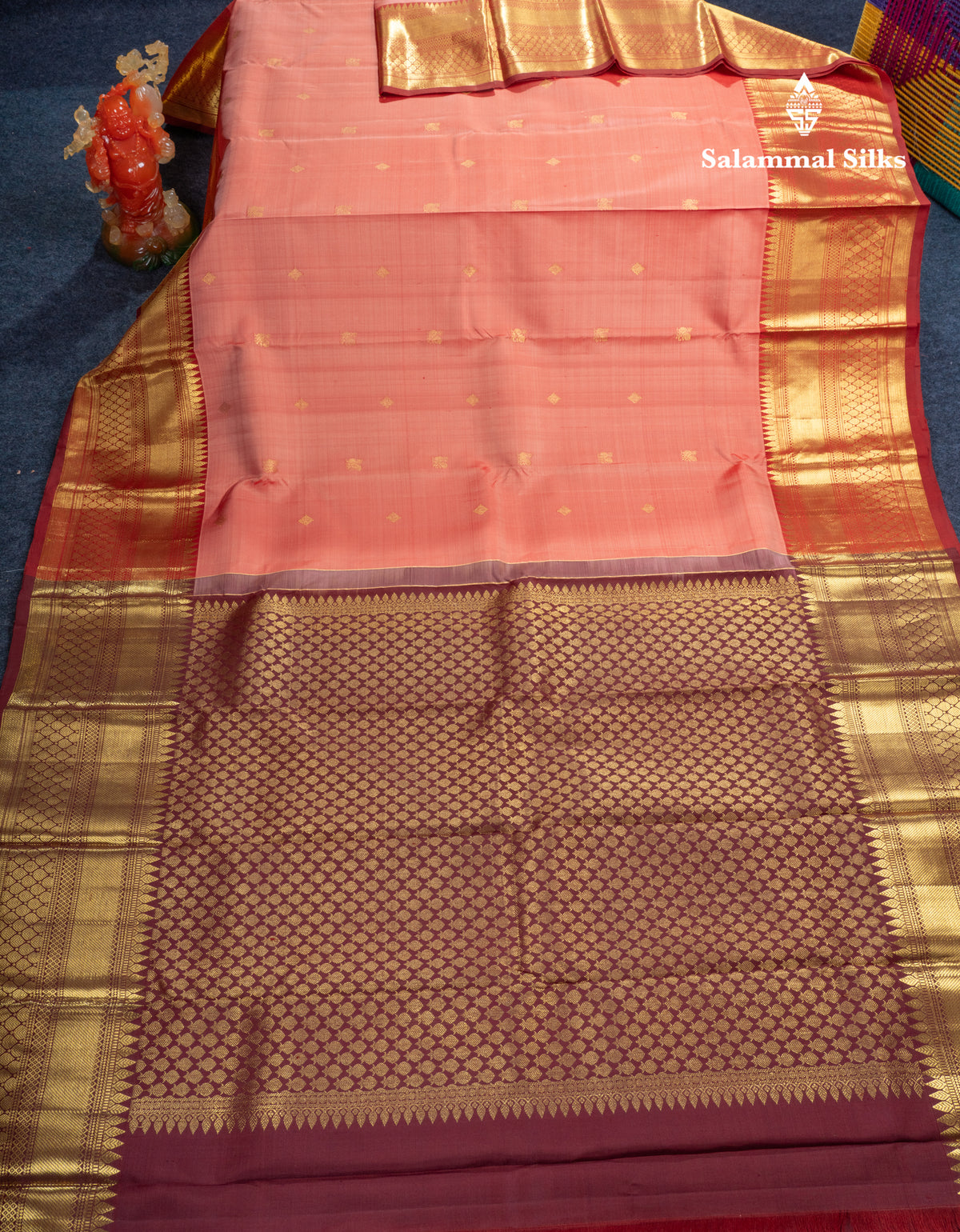 Onion Pink Pure Kanjivaram Silk Saree With Contrast Maroon Long Traditional Border
