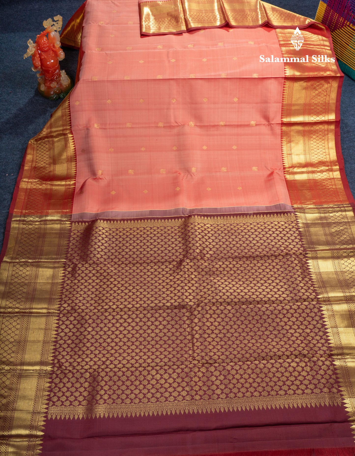 Onion Pink Pure Kanjivaram Silk Saree With Contrast Maroon Long Traditional Border