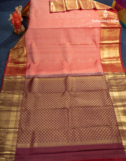 Onion Pink Pure Kanjivaram Silk Saree With Contrast Maroon Long Traditional Border