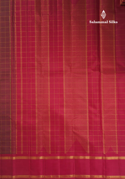 Dual Tone Maroon Checks Pure Kanjivaram Silk Saree With Contrast Pink Gap Border