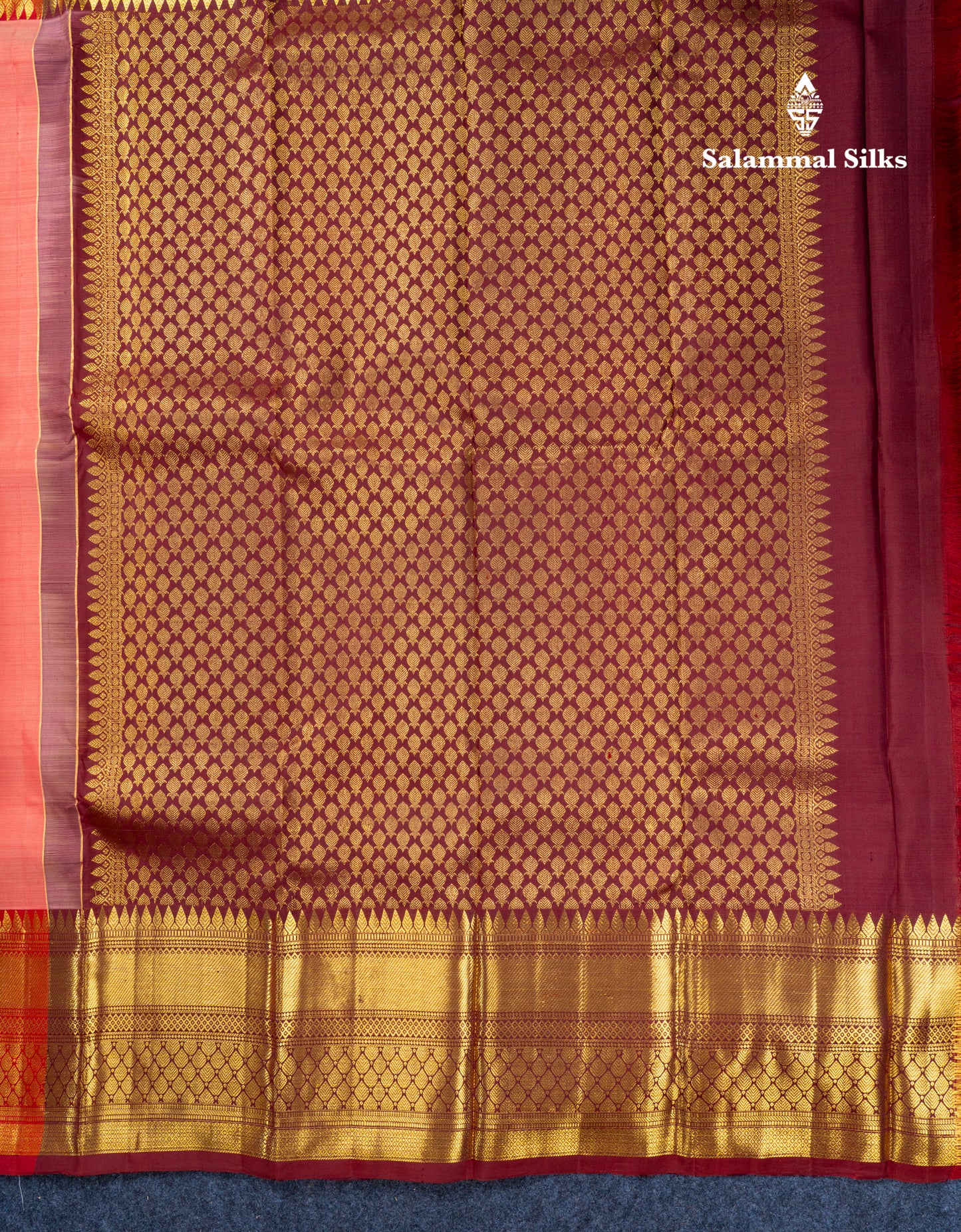 Onion Pink Pure Kanjivaram Silk Saree With Contrast Maroon Long Traditional Border