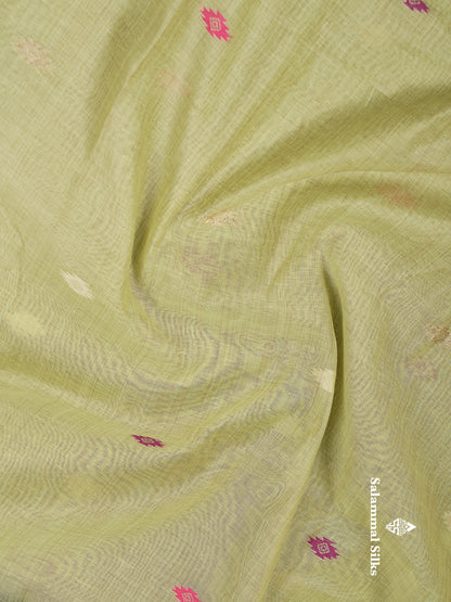 Beautiful Light Green Thread Work Butta Muga Cotton Saree With Contrast Grey Blouse